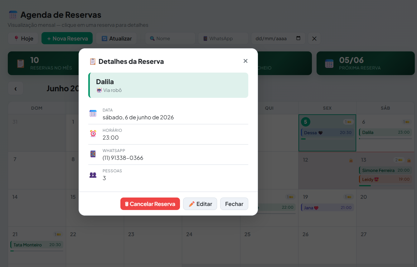 Agenda do Atende com detalhes de uma reserva aberta