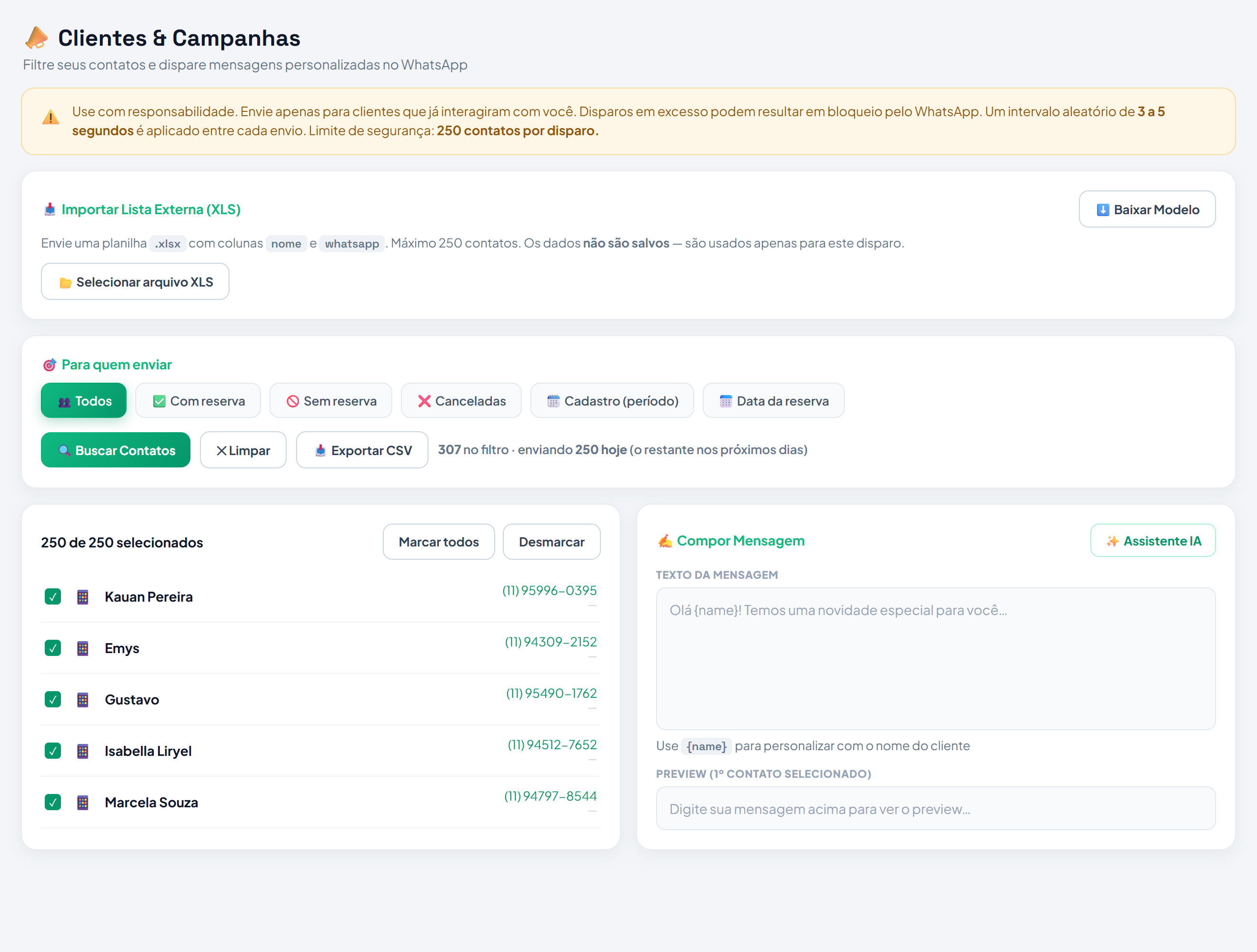 Tela Clientes e Campanhas do Atende com filtros por reserva, lista de contatos e composição de mensagem