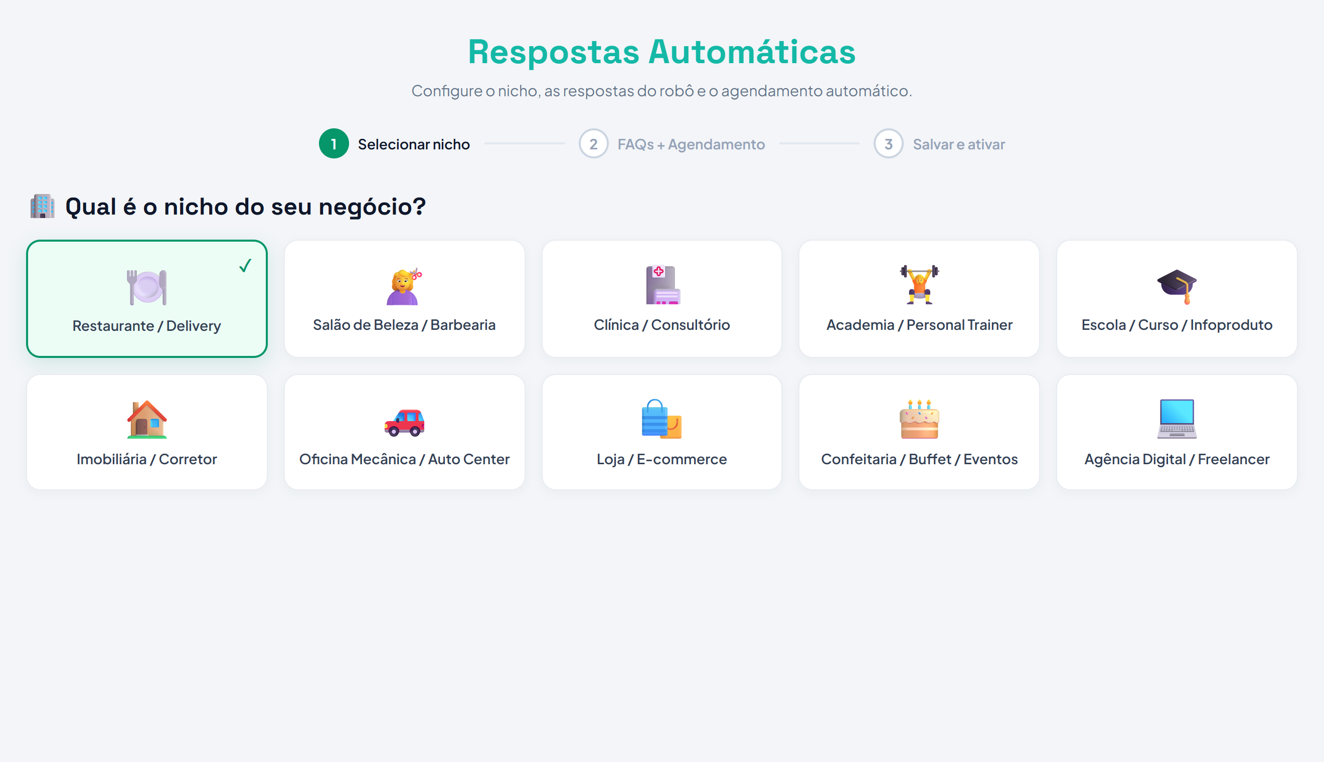 Configuração de Respostas Automáticas do Atende com seleção de nicho do negócio